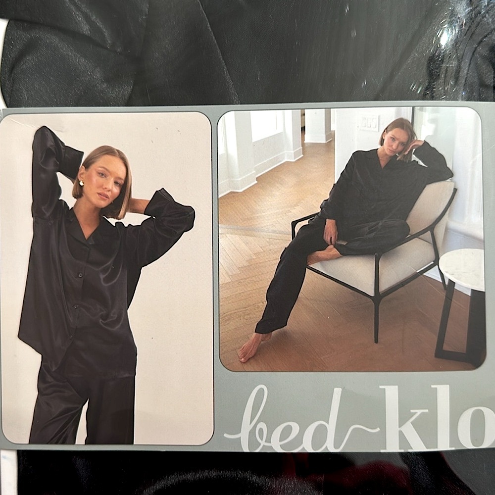 NIB Women’s SILKY BLACK 2pc Long Pajamas Set Button Down Top & Elastic Waistline